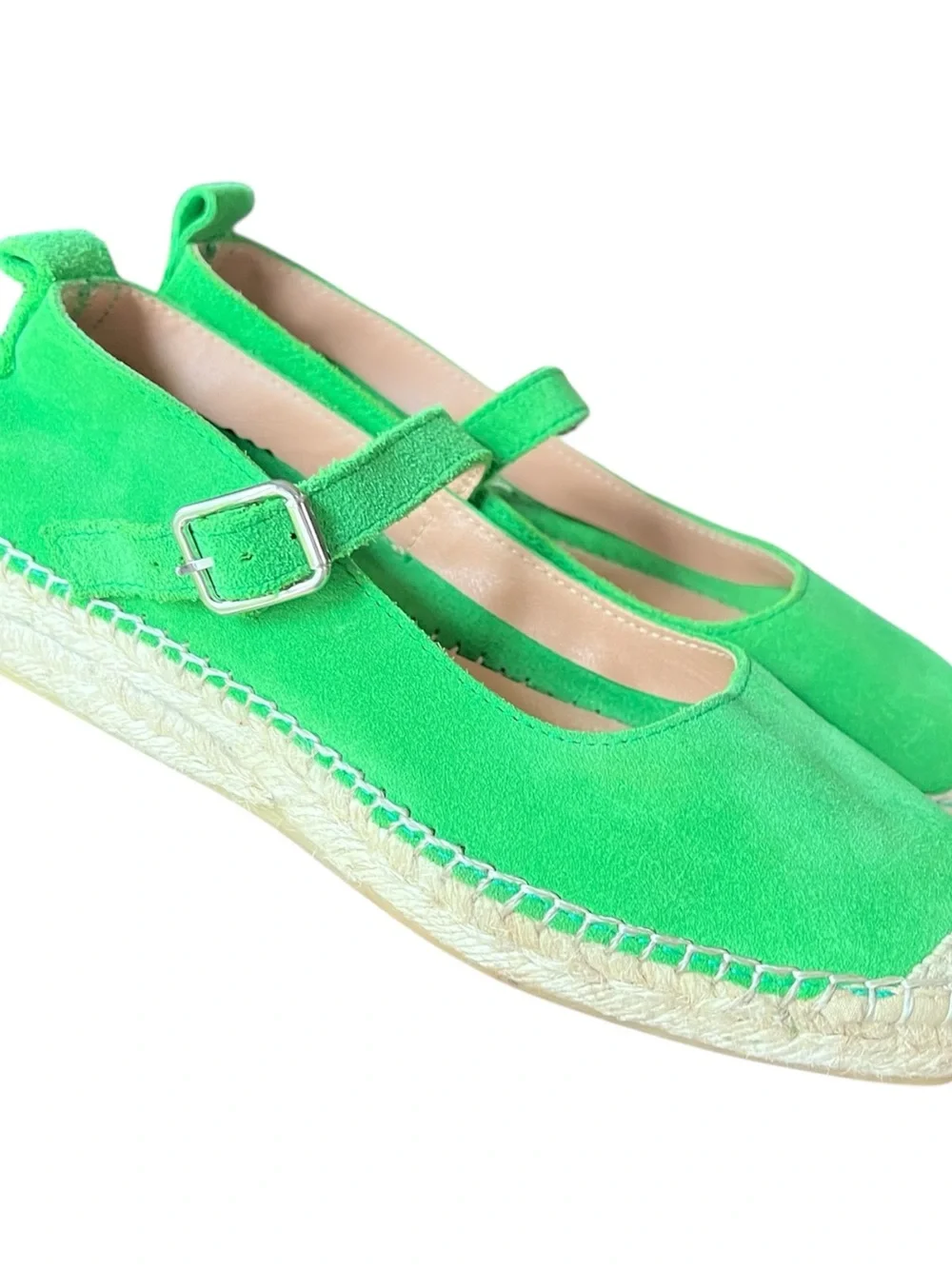 FABIOLAS Handmade In Spain Green Suede Mary Jane Espadrille Flats Size 38 US 7.5